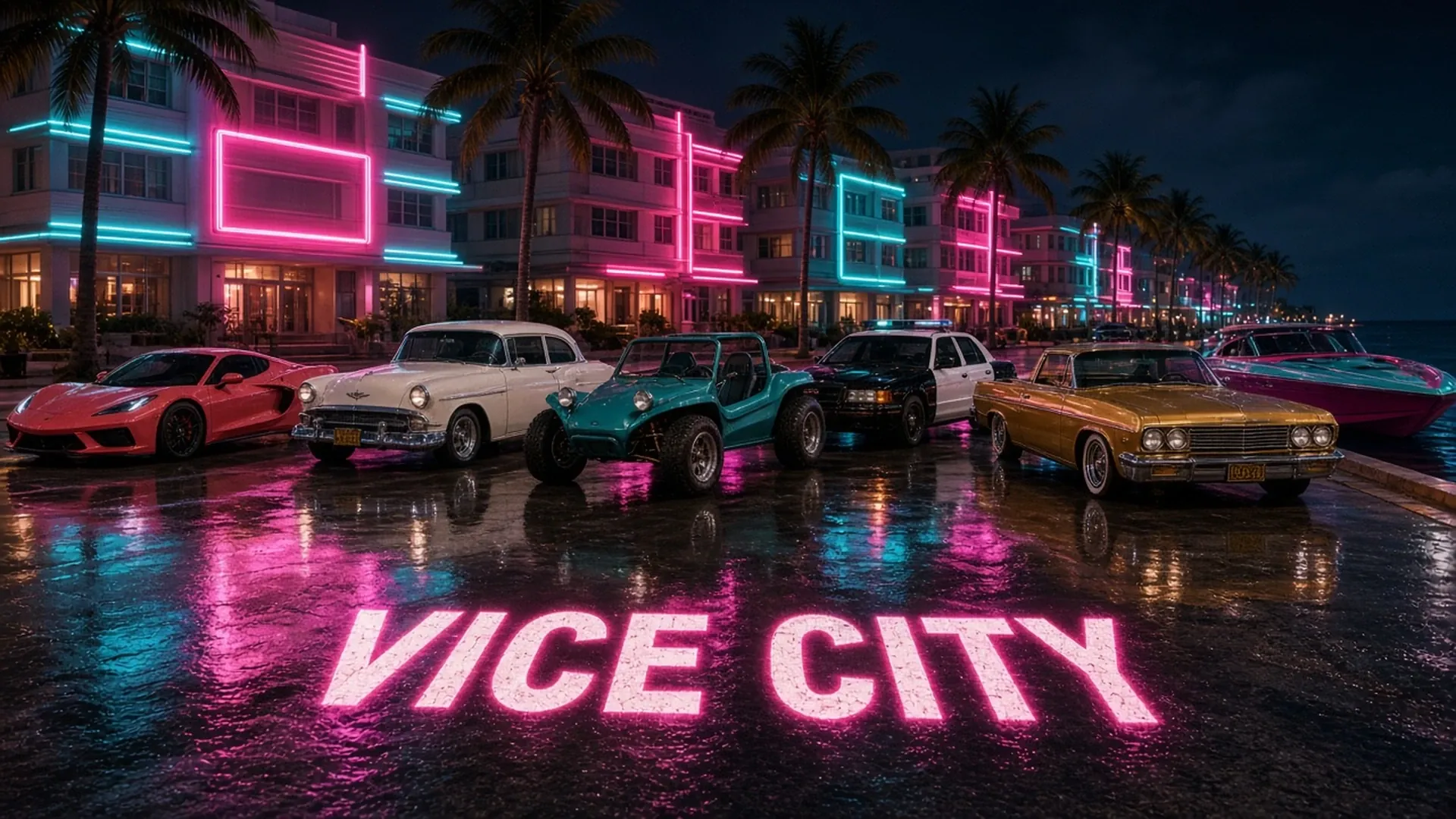 Cars lined up on a neon Vice City beach boulevard